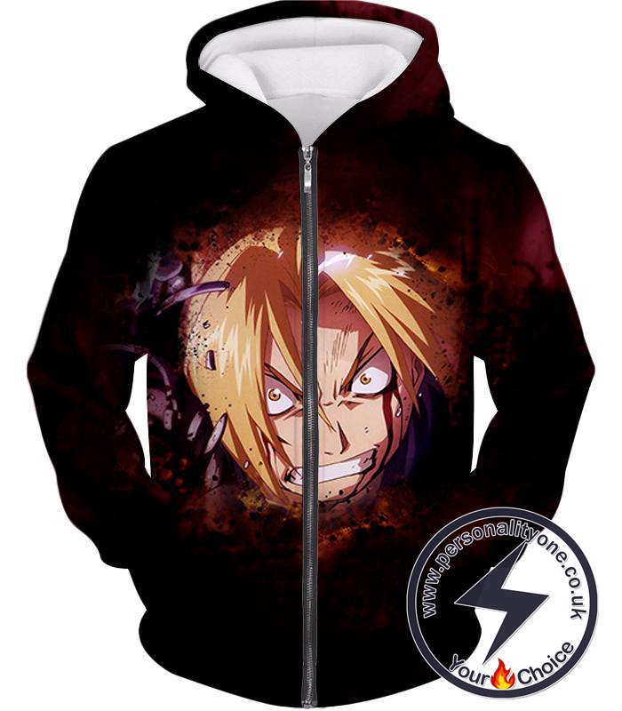 Fullmetal Alchemist Trying Hard and Desperate Edward Elrich Cool Action Zip Up Hoodie